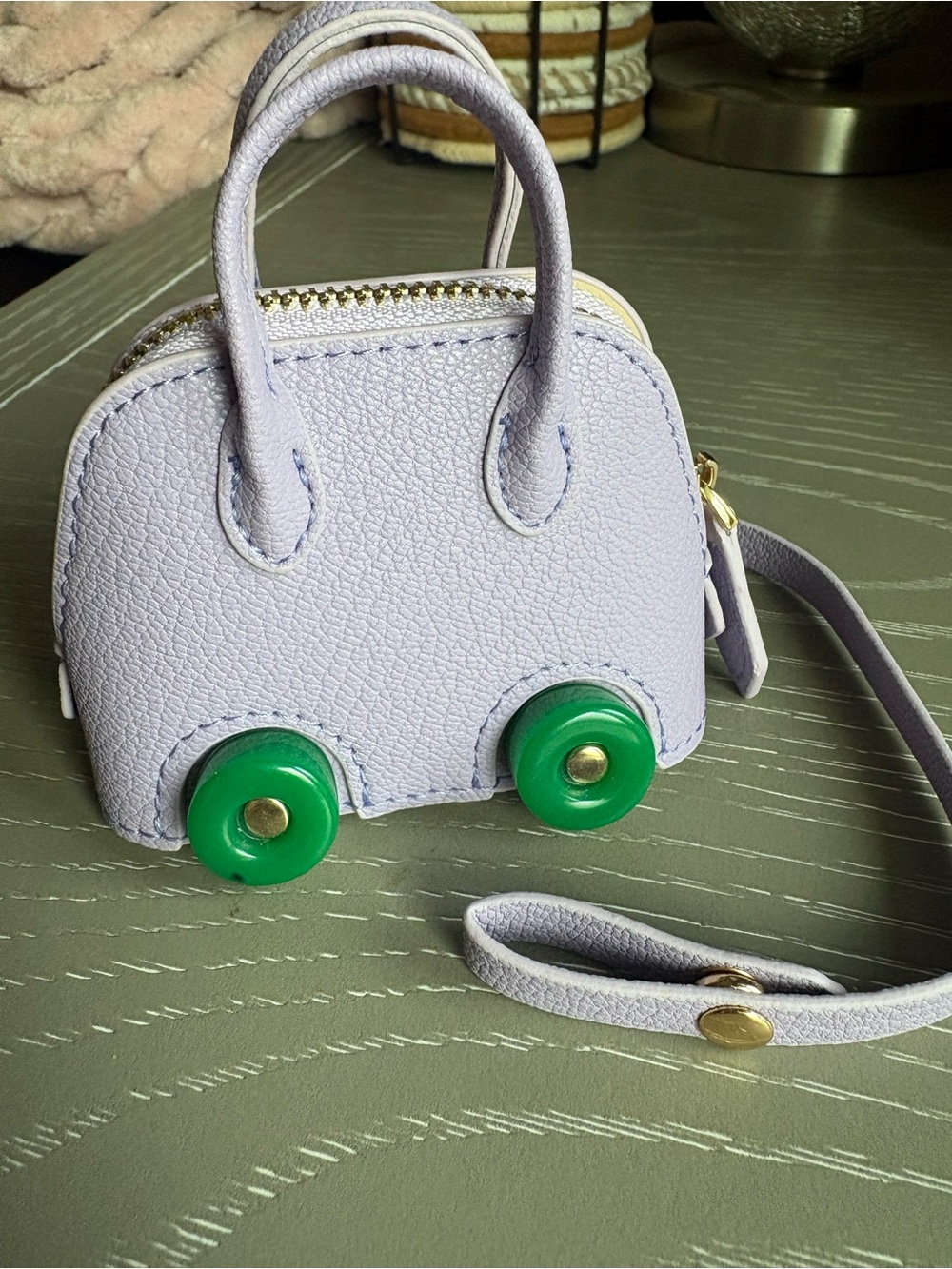 FaSHION Lilac Bag charm with Green Wheel Accents